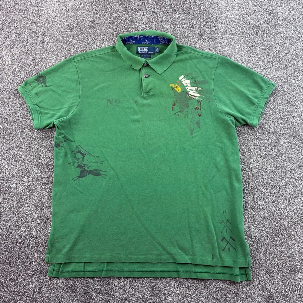 Vintage Ralph Lauren Polo Shirt Mens XL Green Indian Head Graphic Western Chief